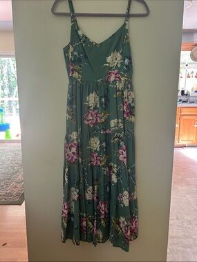 Floral Tiered Maxi Dress - Green with Pink Blooms